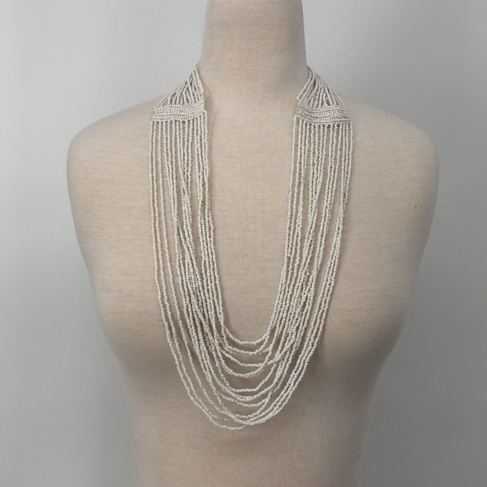 Vtg Multi Strand White Seed Bead Necklace Statement Boho Tribal Layered Collar
